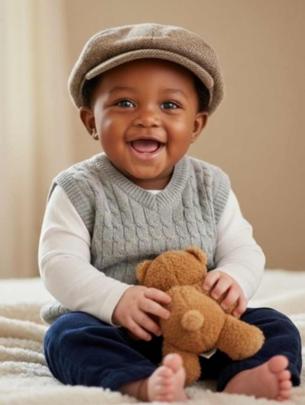 Cat & Jack Baby Boys Herringbone Flat Cap Newsboy Hat 6-12M - Brown/Tan - Picture 2 of 3